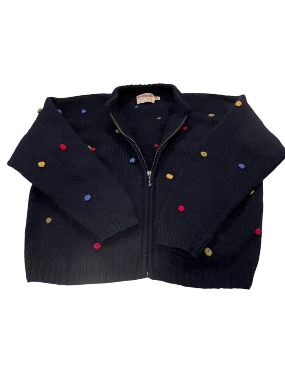Rey Wear Vtg Bolivian Wool Pom Zip Cardigan, Navy, S/M